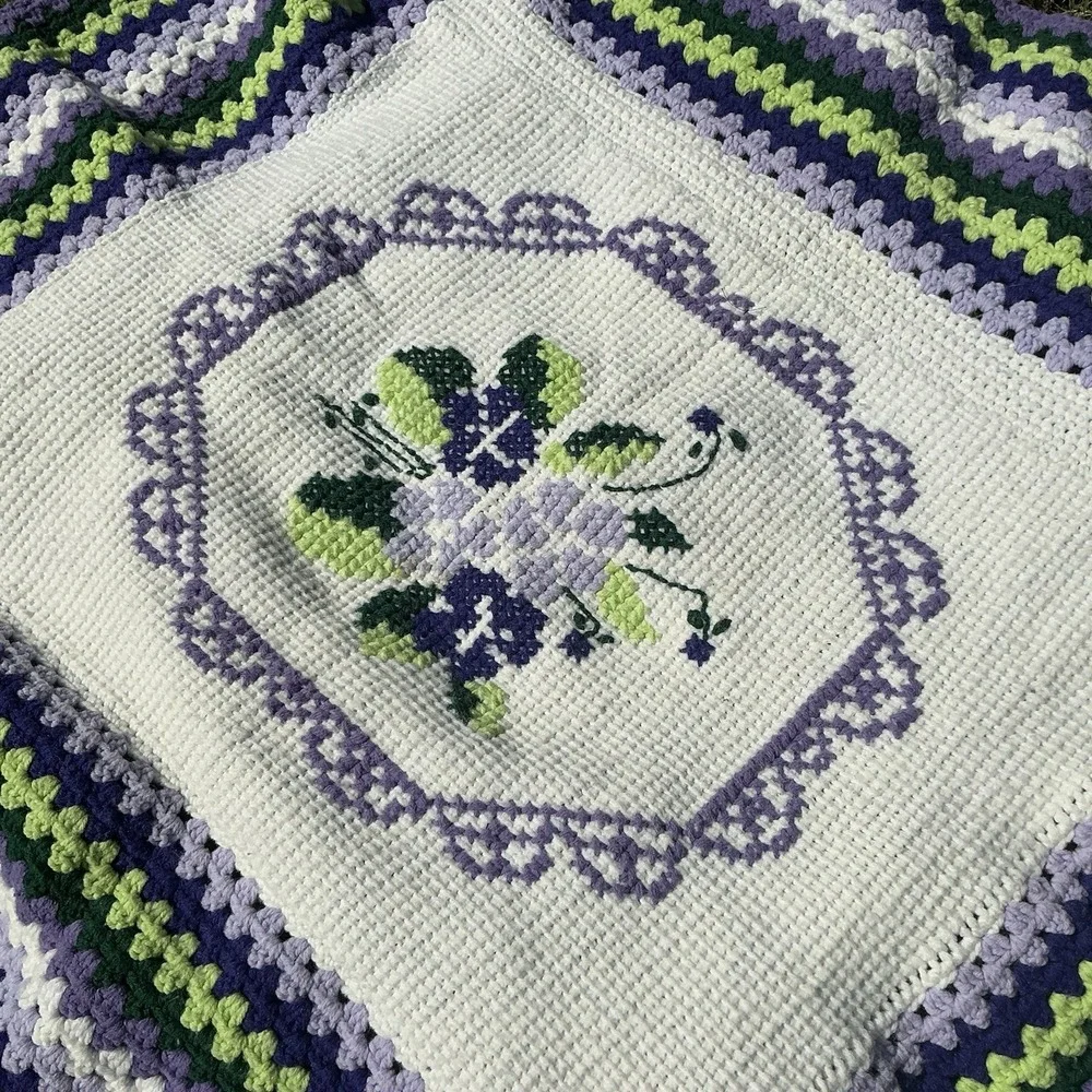Vintage Crocheted Needlepoint Hand Made Quilt Blanket Afghan Throw Floral Purple
